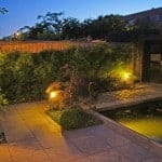 Tuin in avondlicht met vijver